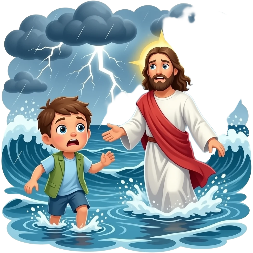 Peter scared and walking towards Jesus walking on water during a thunderstorm and crashing waves emoji