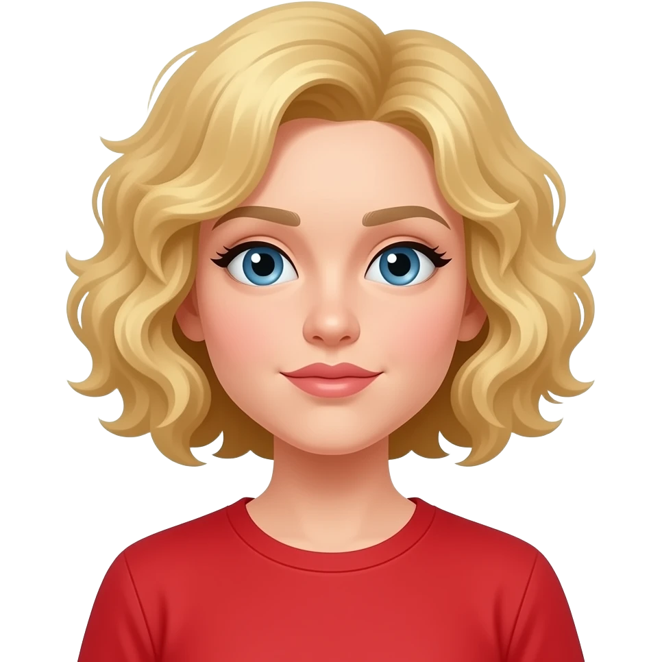 blonde curly bob with lips quivering in a red shirt emoji