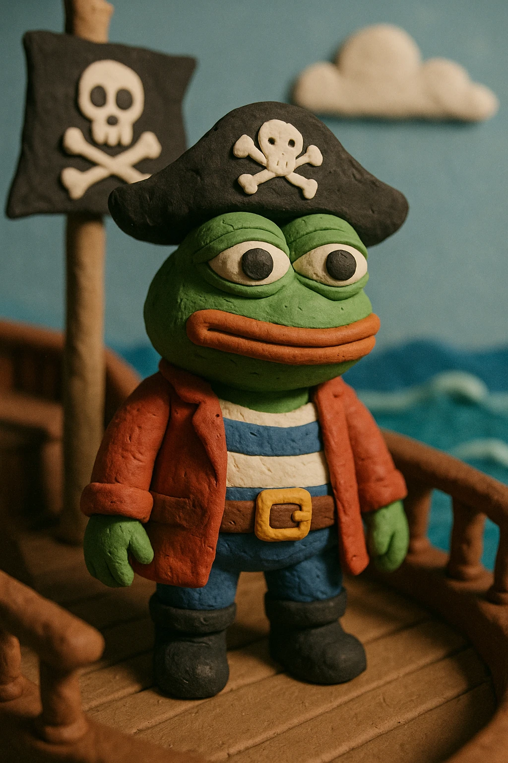 Pepe the Frog in pirate attire, standing on a pirate ship deck, claymation style, ocean scene emoji