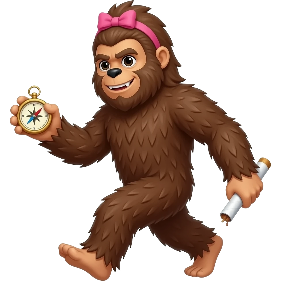 Full body walking sasquatch with pink bow in hair holding a compass in 1 hand and joint in the other emoji