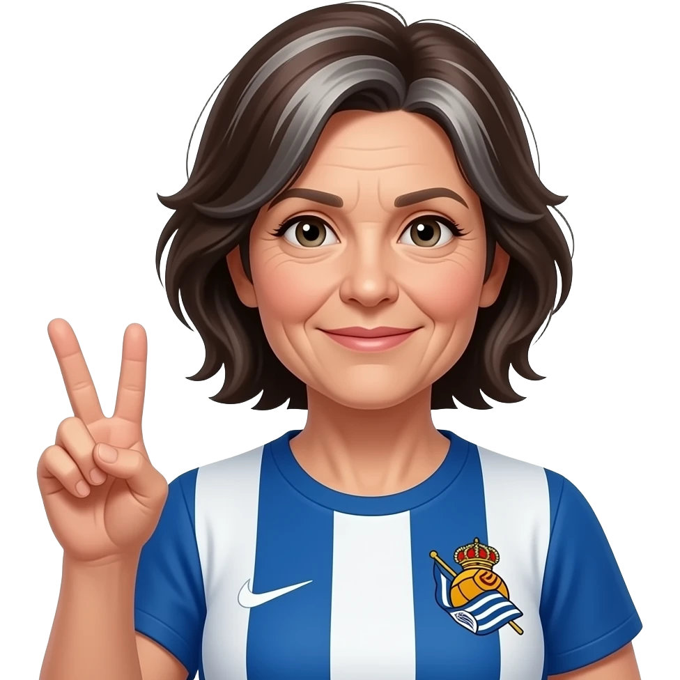 Mujer 50 años, pelo castaño oscuro con ligeras canas difusas y homogéneas (sin mechones ni franjas), melena corta con raya en el centro y ligeramente alborotada. Rostro natural con arrugas muy suaves y sutiles. Camiseta Real Sociedad. Mano en gesto de victoria. emoji