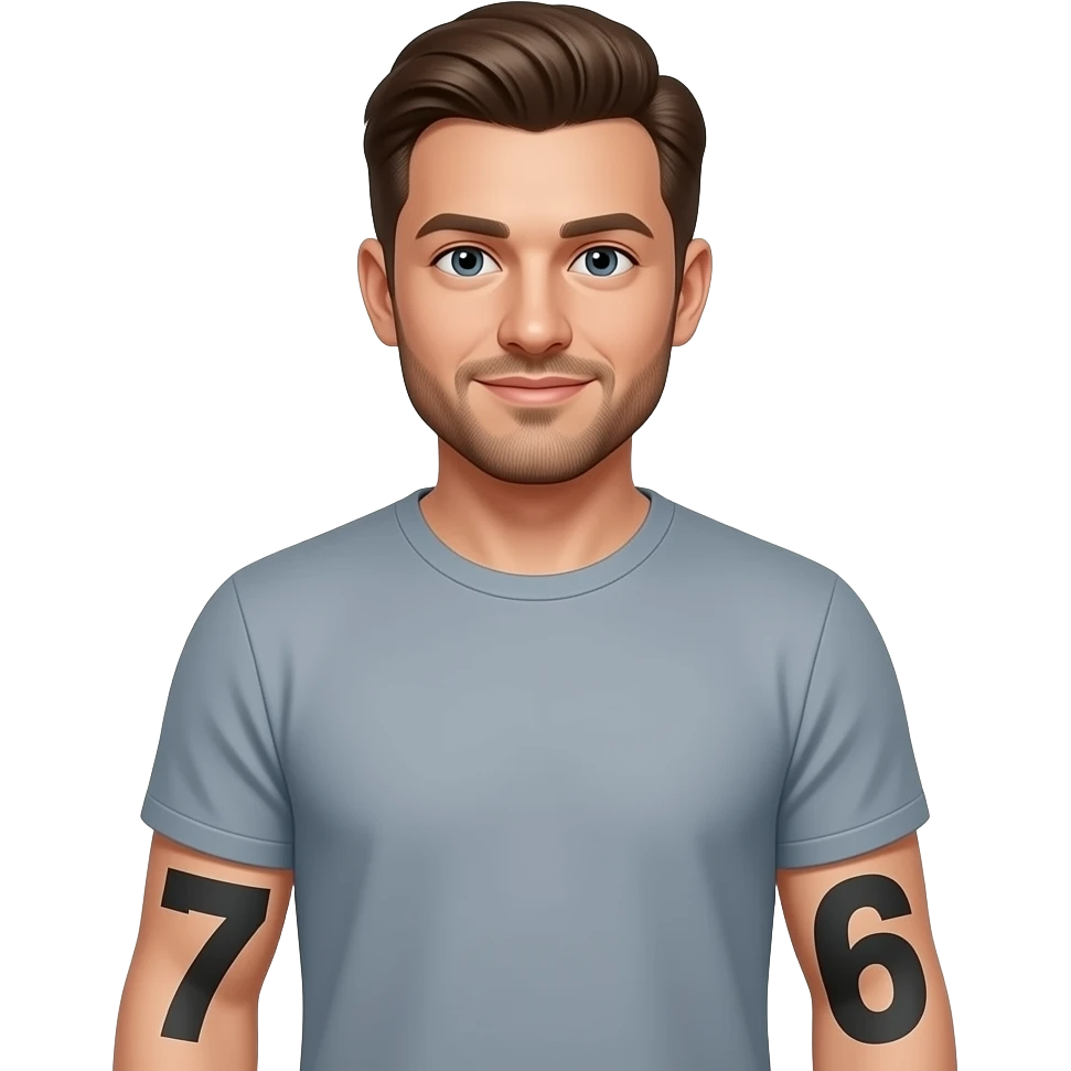 Man holding 7 in left arm 6 right arm emoji