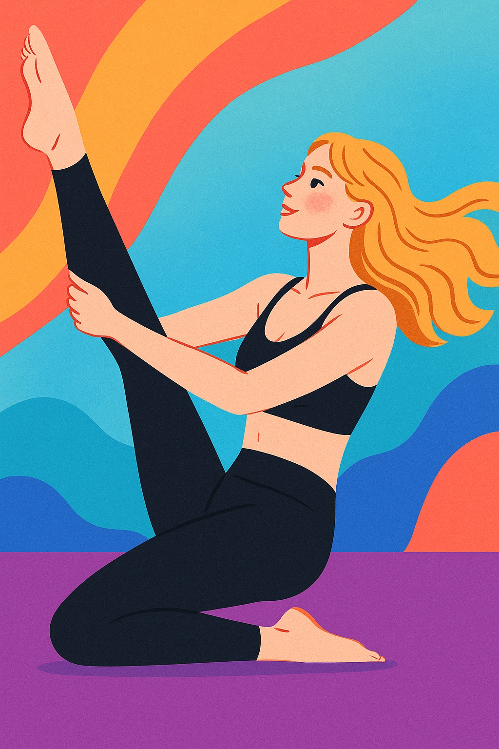 dirty blonde girl with black leggings and black bra doing pilates, full body, energetic pose, modern illustration style emoji