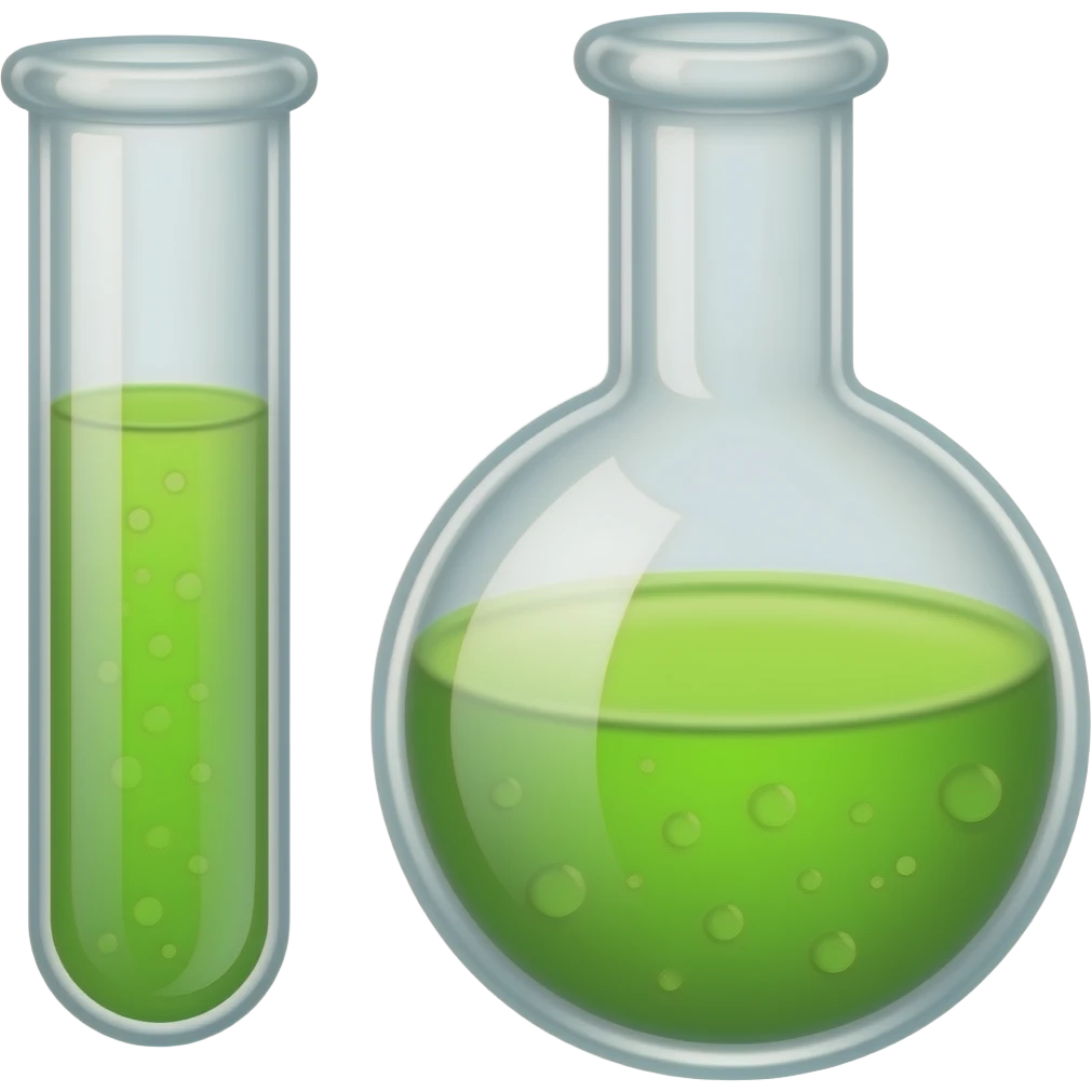 Flat emoji icon of a small test tube and round flask filled with bright neon green liquid, simple bubbles inside, thick dark outline, minimal shading, high contrast colors, transparent background, square, no text. emoji