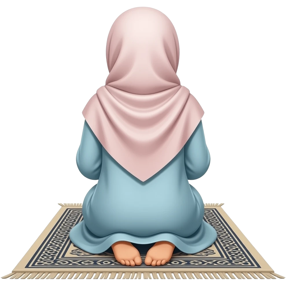 Muslim woman in a soft-colored abaya sitting on a prayer rug (janamaz) from behind, praying. Faceless, Faceless Muslimah in a pastel abaya bowing in prayer on a janamaz, view from the back. Sticker design, vector style. emoji