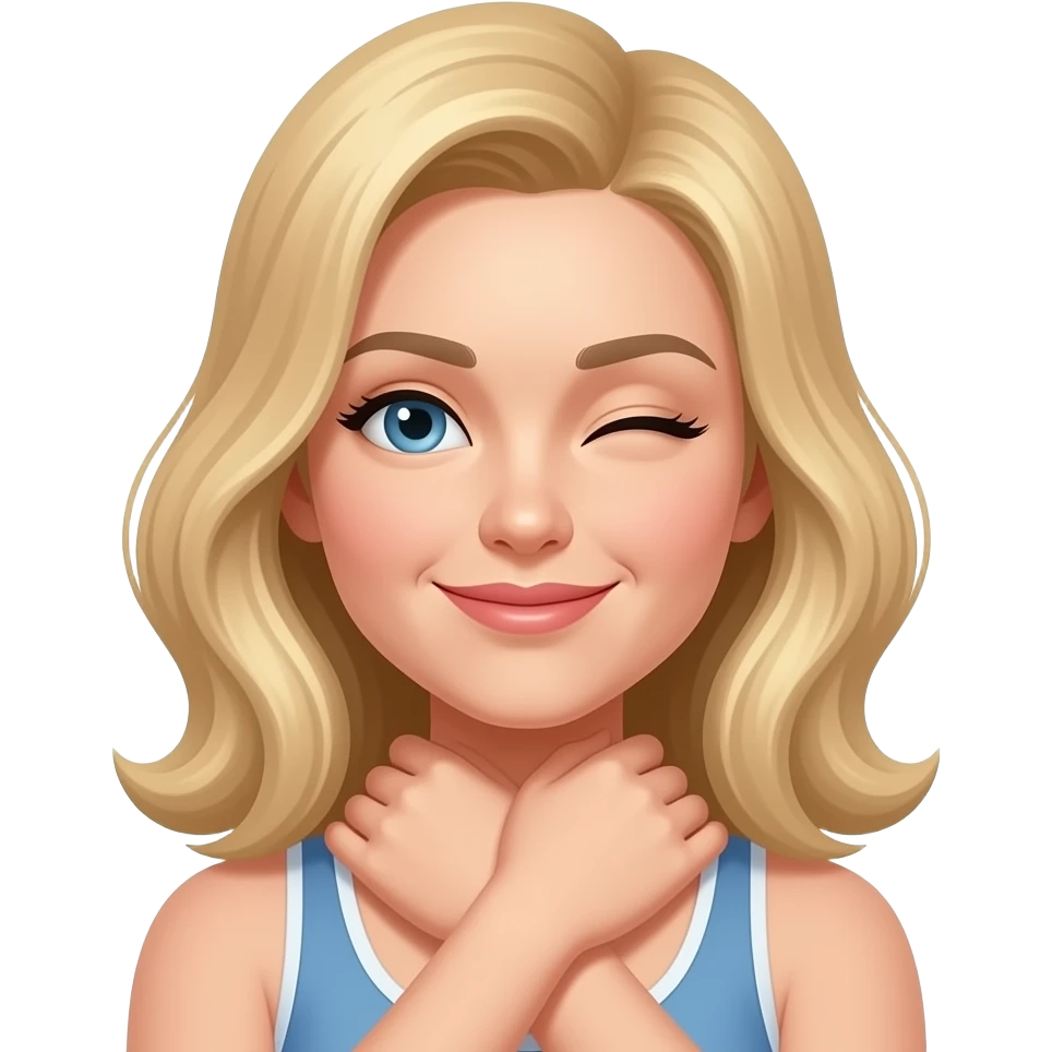 Hands crossing over around next with one eye open and one eye squinting female blond and not smiling emoji