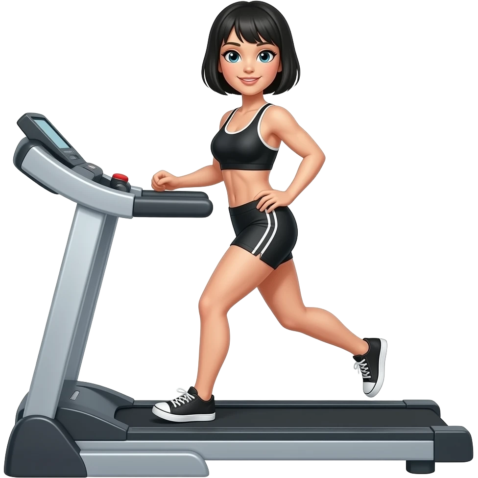 female, short hair black, thin, but muscular on a treadmill emoji