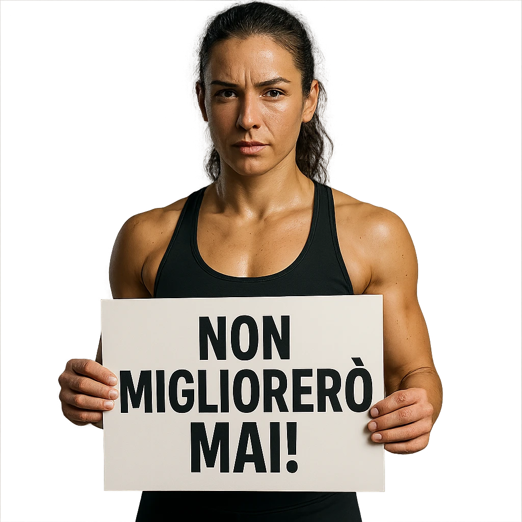 DONNA FITNESS CHE TIENE UN CARTELLO IN MANO CON LA SCRITTA "NON MIGLIORERò MAI!", iperrealistico 4k emoji