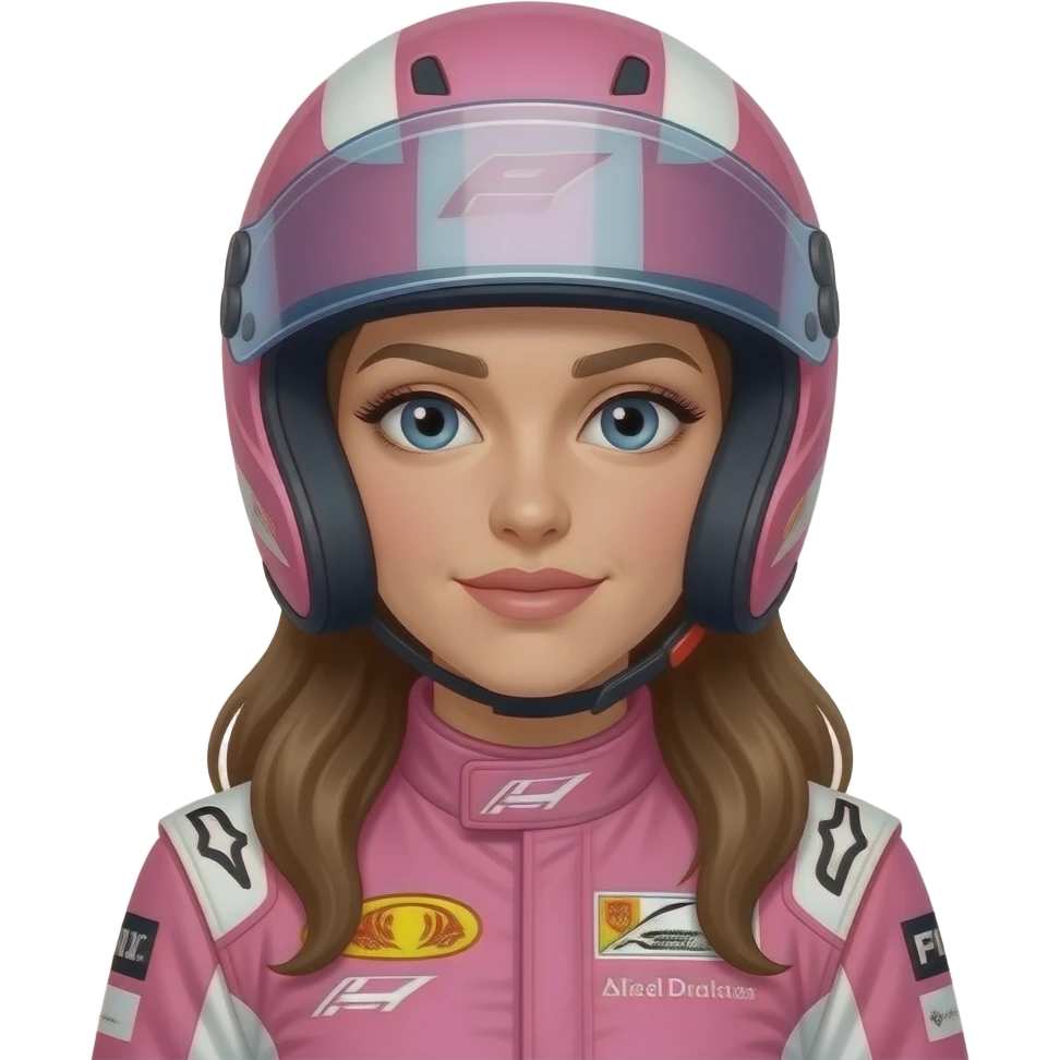 create woman using f1 pink costume and f1 helmet, the woman have long hair in the helmet emoji