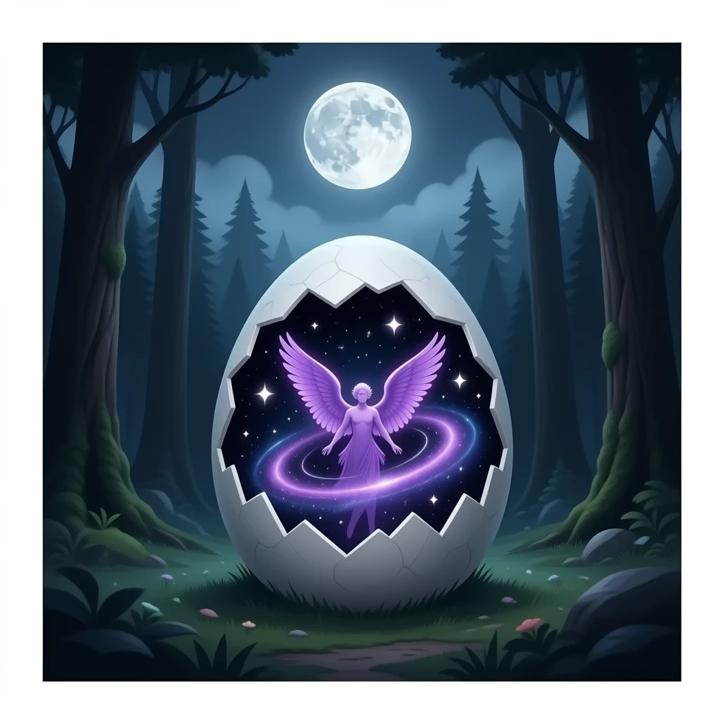 a moon‑born cosmic egg cradled in a dark whispering forest, its shell glowing with stardust as a violet winged spirit unfurls within a swirling nebula, tiny orbs of wandering light circling it like guardians, the full moon watching from above through silver mist emoji