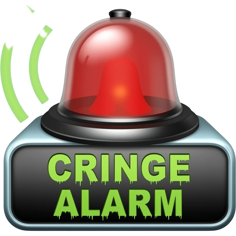 A blaring siren with visual sound effects, a label below it with text "Cringe Alarm" with green horror font", filled background emoji