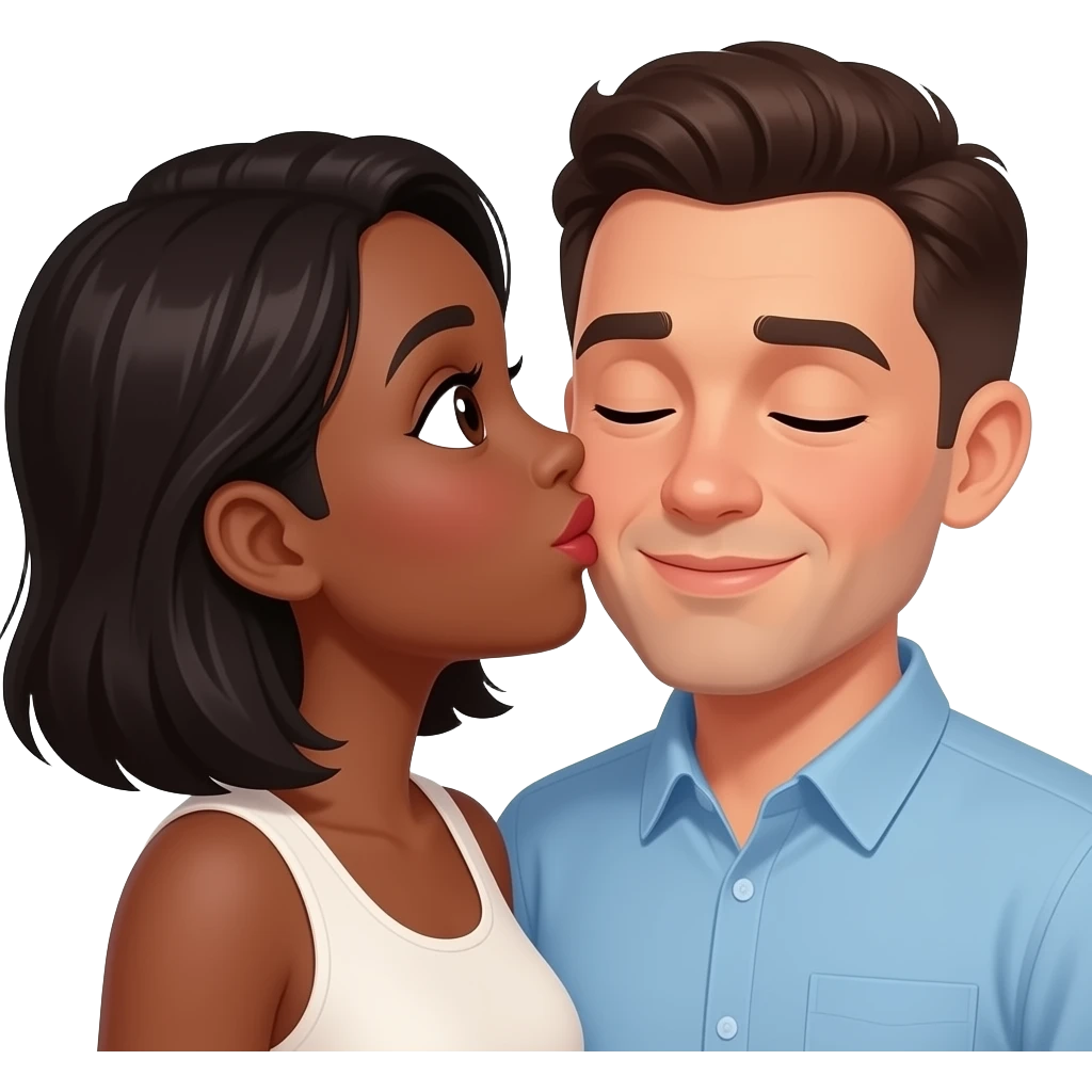 Black darkskin woman kissing a pale black man on the cheeks as the black man blushes emoji