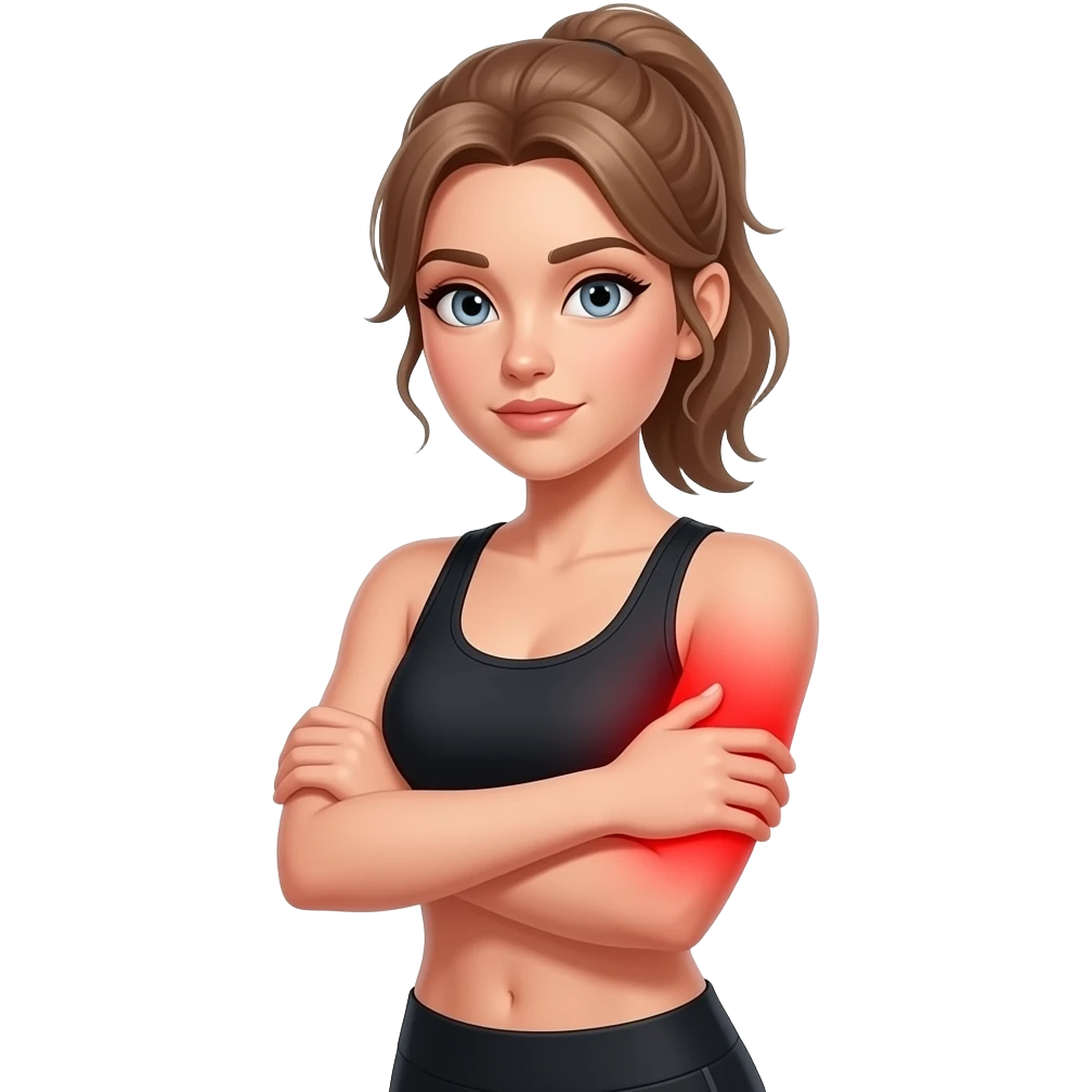 arm pain, full red glow covering both arms from shoulders to hands, woman holding one arm, fair-skinned woman, gray-blue eyes, ash brown brows, ash light brown hair tied back, slim athletic body, black workout set emoji