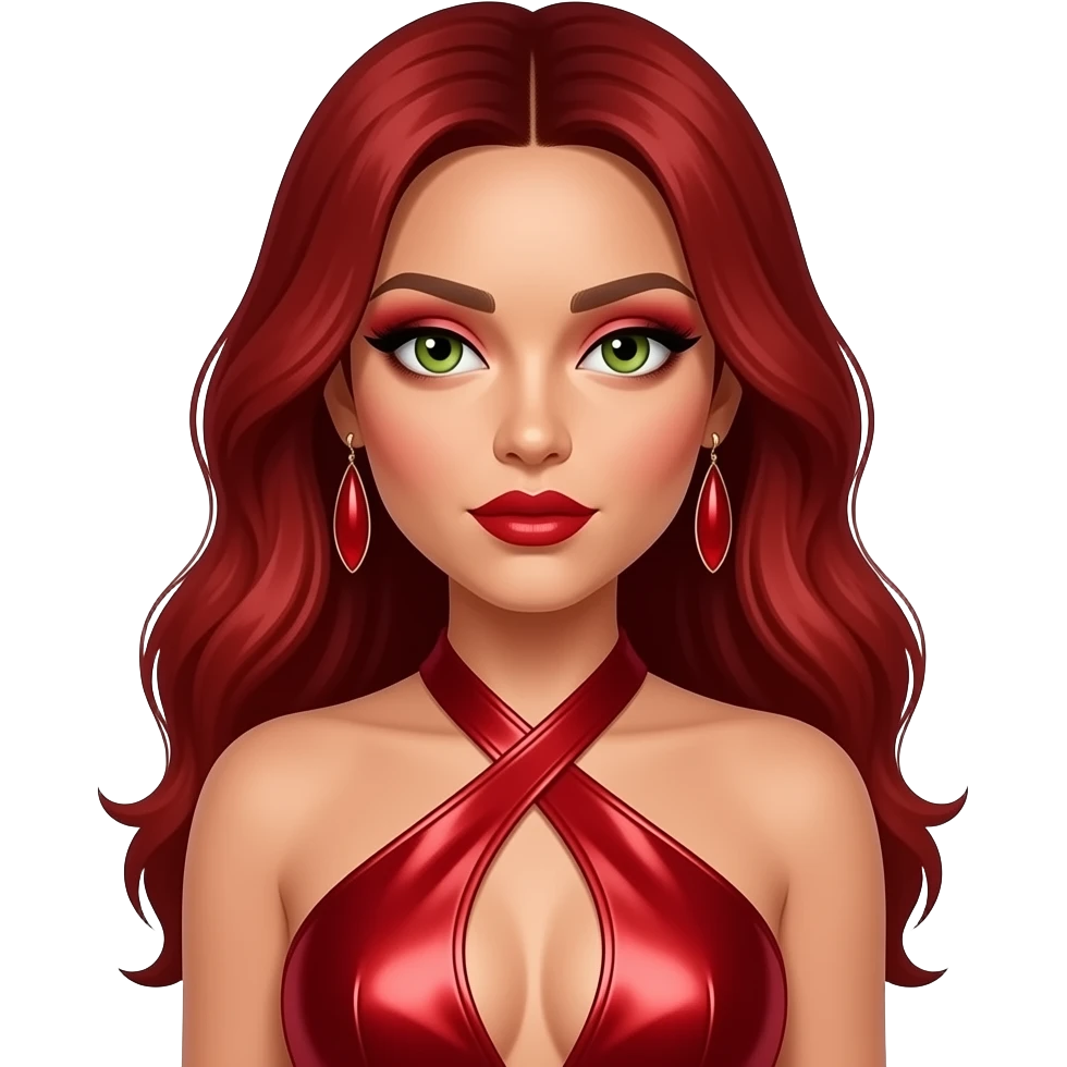 Jesy Nelson from Little Mix with hazel-green eyes, long fiery red hair, red eyeshadow and lipstick, red metallic halter dress, red earrings emoji