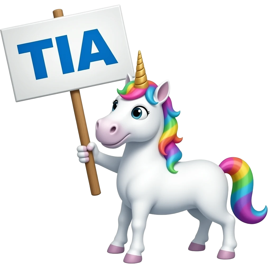 Unicorn holding a large sign that says TIA emoji