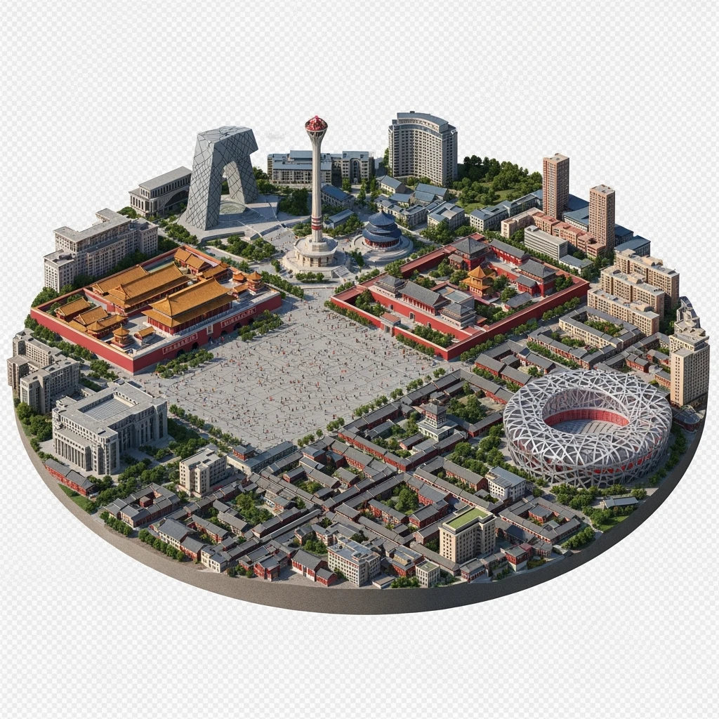 Isometric miniature of Beijing Forbidden City, Tiananmen Square, CCTV Headquarters, Temple of Heaven, China Zun tower, Bird’s Nest Stadium and crowded hutong alleys, apartment blocks, 3D miniature effect and Tilt Shift effect, no cartoonish look, transparent background, don't cut angles emoji