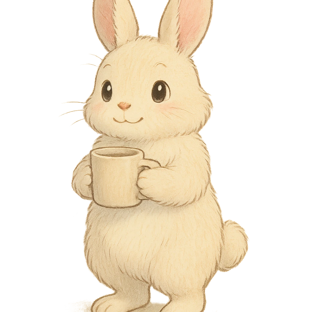 full-body fluffy cream bunny with big teardrop eyes holding a coffee mug with both hands, cozy expression, standing pose, pastel soft tones, soft Ghibli style emoji