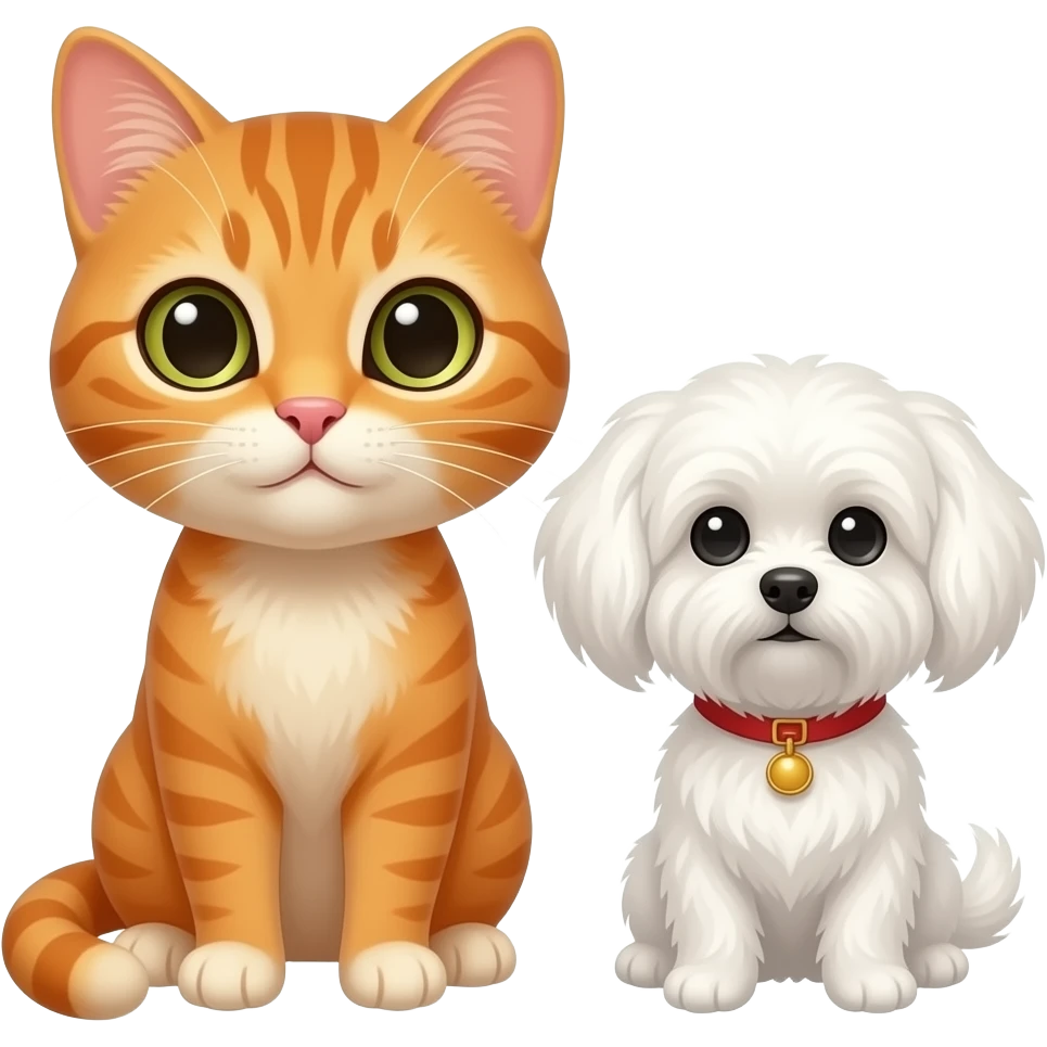 Un gato naranja pequeño y un perro con un bichon maltes de pelo blanco pequeño juntos emoji