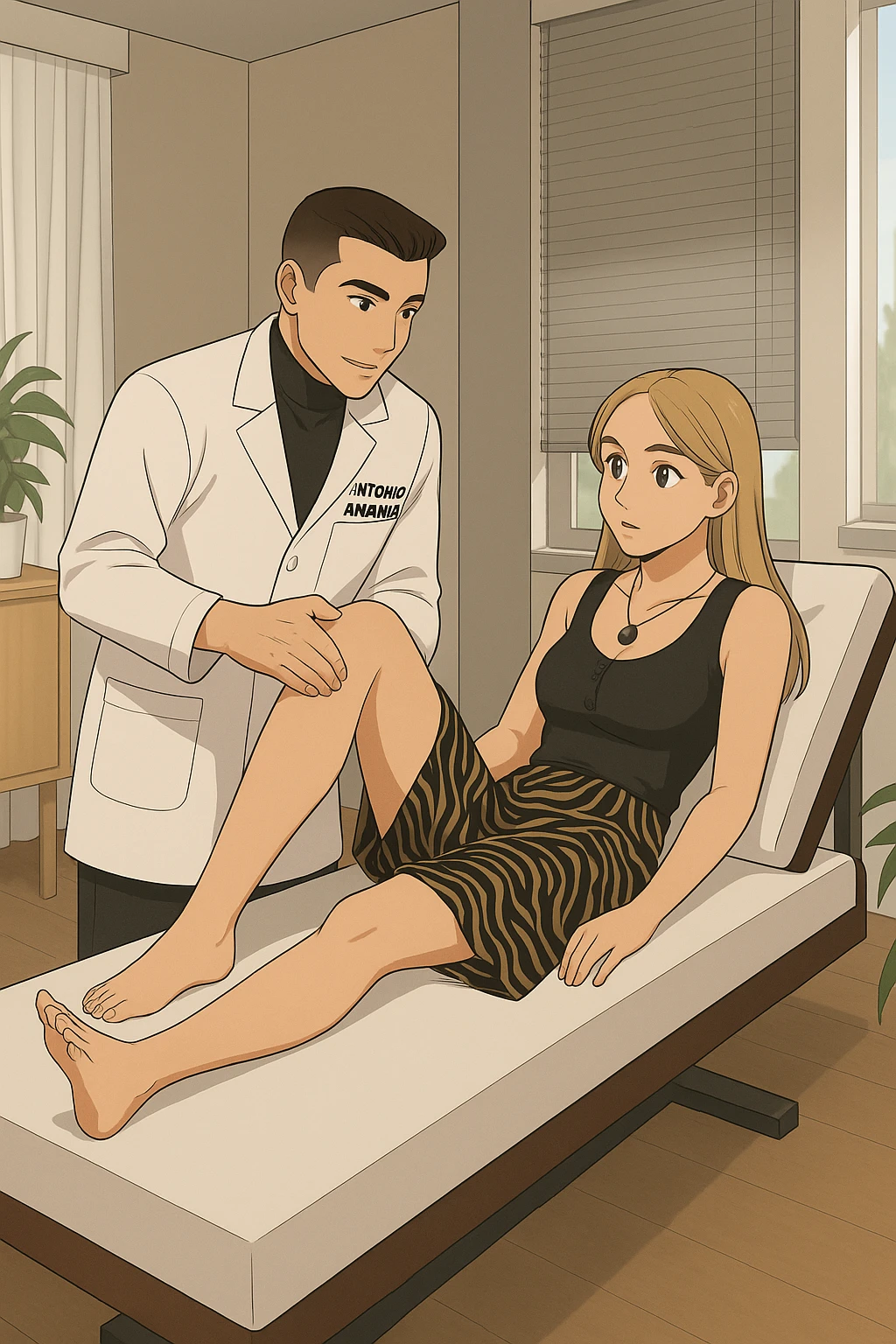 fai un webtoon/manga a colori con questo kinesiologo in camice bianco (fagli la scritta "ANTONIO ANANIA" SUL CAMICE) CHE SVOLGE UN TEST NEUROMUSCOLARE SOLLEVANDO UNA GAMBA ALLA RAGAZZA CHE è STESA SU UN LETTINO BIANCO. STANZA SEMPLICE E MODERNA, DURANTE IL TEST I DUE DIALOGANO TRA LORO. NON FARE I FUMETTI, FAI SOLO LORO COME SE DIALOGASSERO emoji