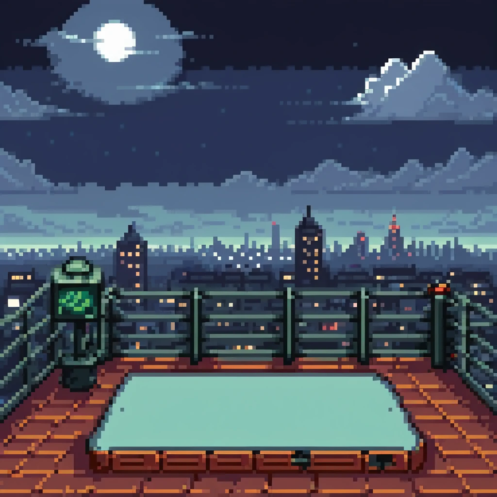 Pixel art rooftop at night, helipad, fence, distant city lights, glowing billboard, cloudy sky, 9:16 vertical scene, side view, retro 2D fighting game background
 emoji