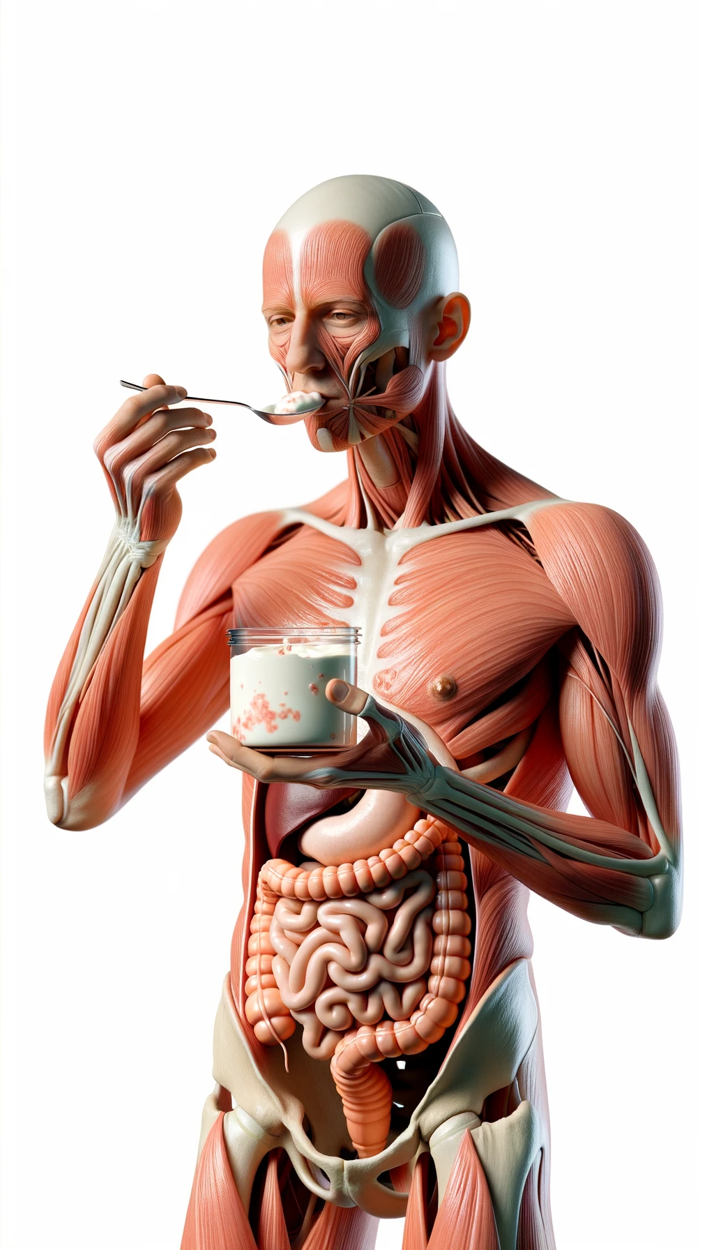 corpo umano anatomico con intestino in evidenza mentre mangia uno yogurt con espressione neutra in volto, iperrealistico 4k, isolato su sfondo bianco emoji