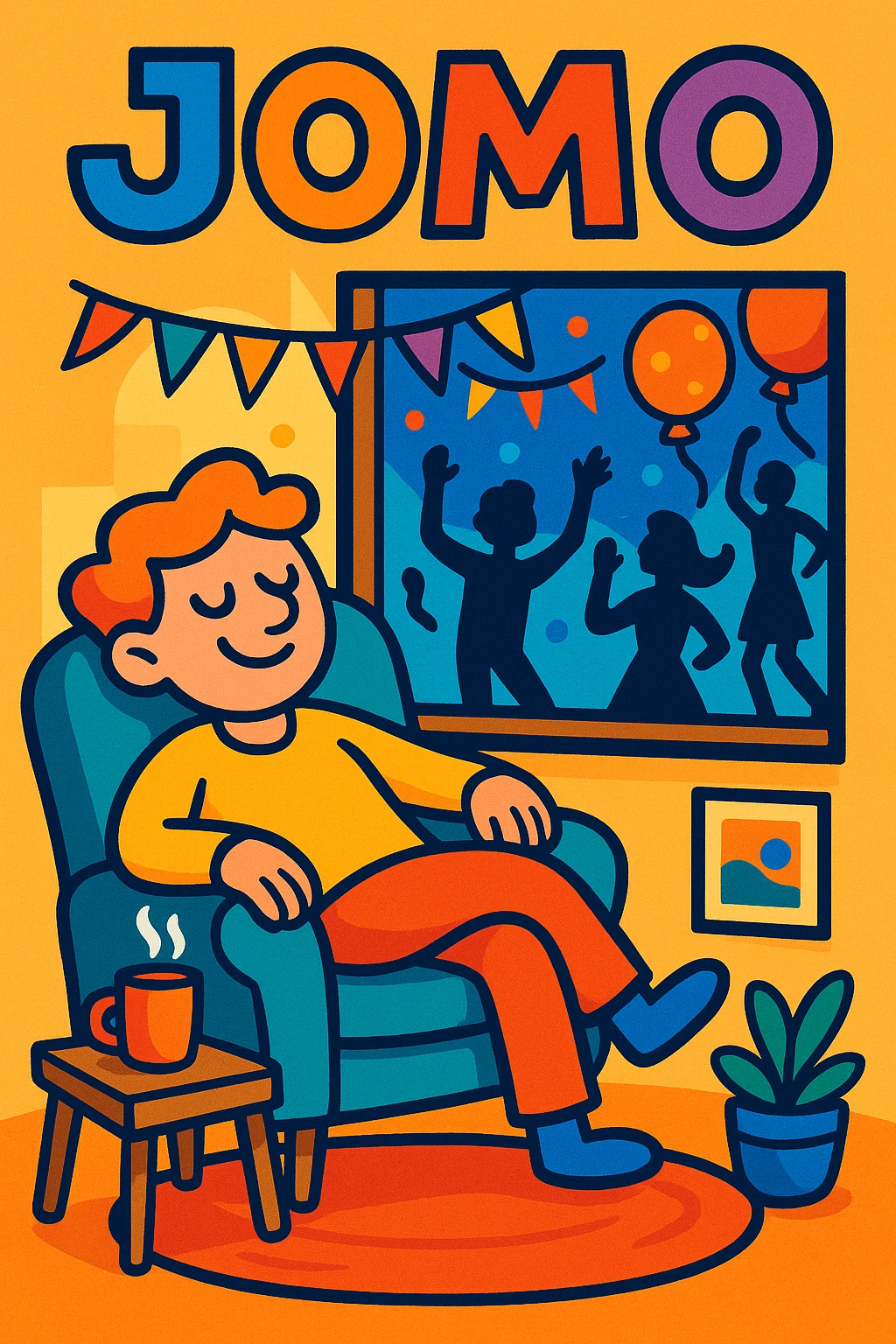 JOMO (joy of missing out) as a whimsical illustration, with a smiling character lounging at home while a party happens outside the window, vibrant toon style emoji