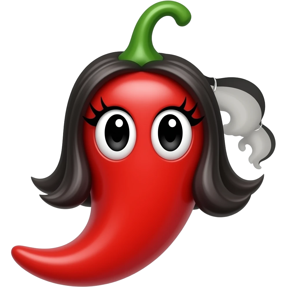 a red chili with girlish eyes, eyelashes and black hair emoji