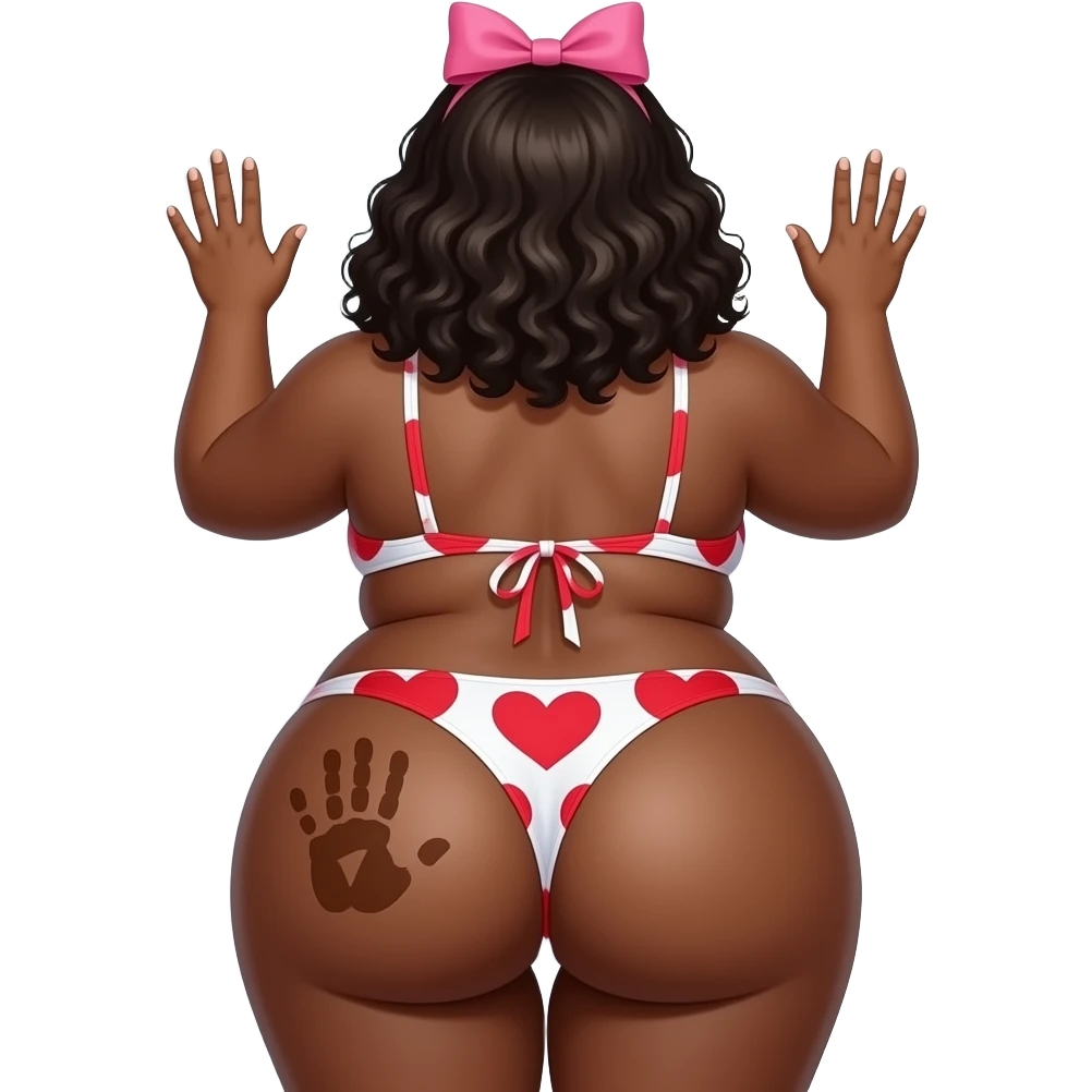 A tanned really extremely fat heart shaped red and white big booty African showing back its bikini and big thighs and buttocks while putting her hands behind the wall and she has a brown colored hand print on her left buttocks and she with a pink bow tie on her head emoji
