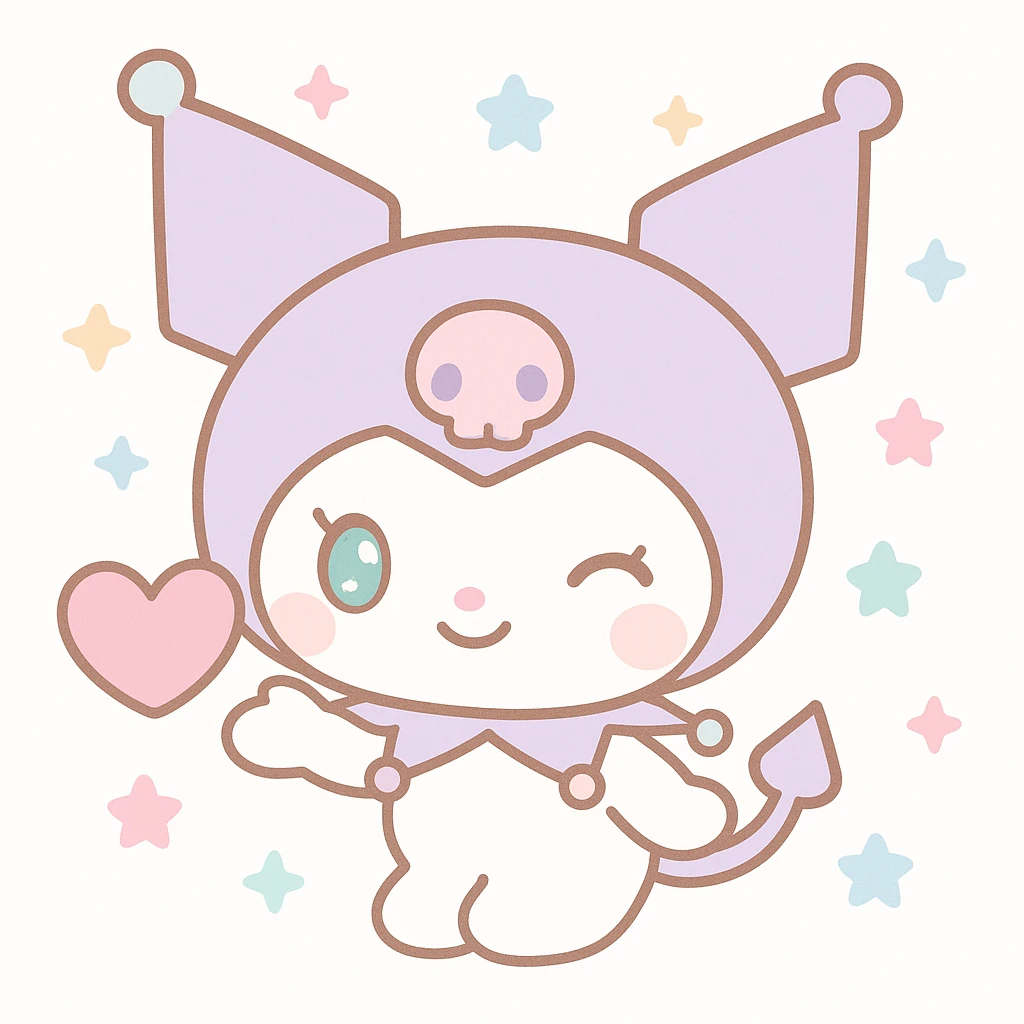 Kuromi character winking and presenting a heart, kawaii style, heart floating beside face emoji