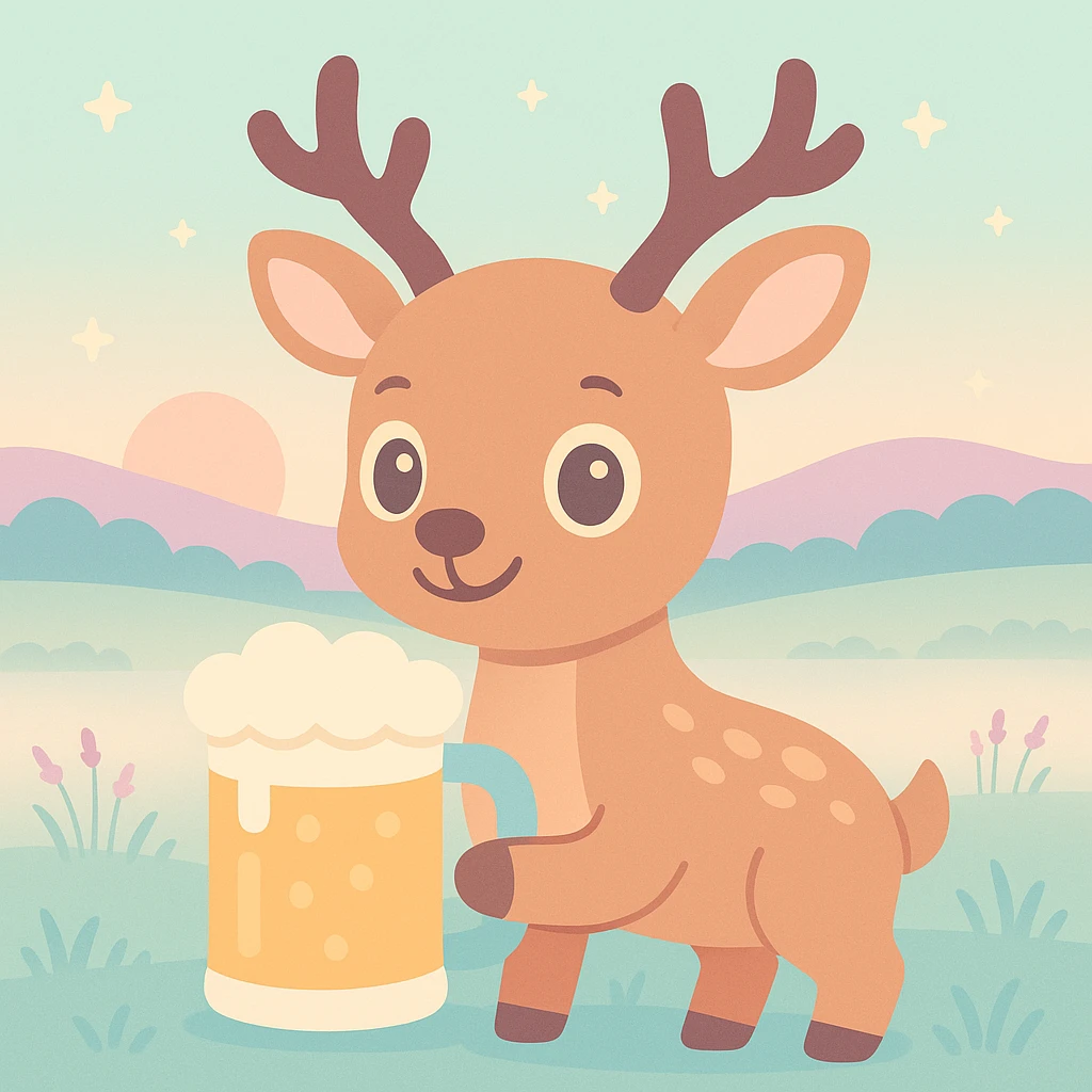 CERVID stag deer with big anime cartoon eyes, cute, in a Scottish meadow at sunrise with mist, holding a massive beer mug emoji
