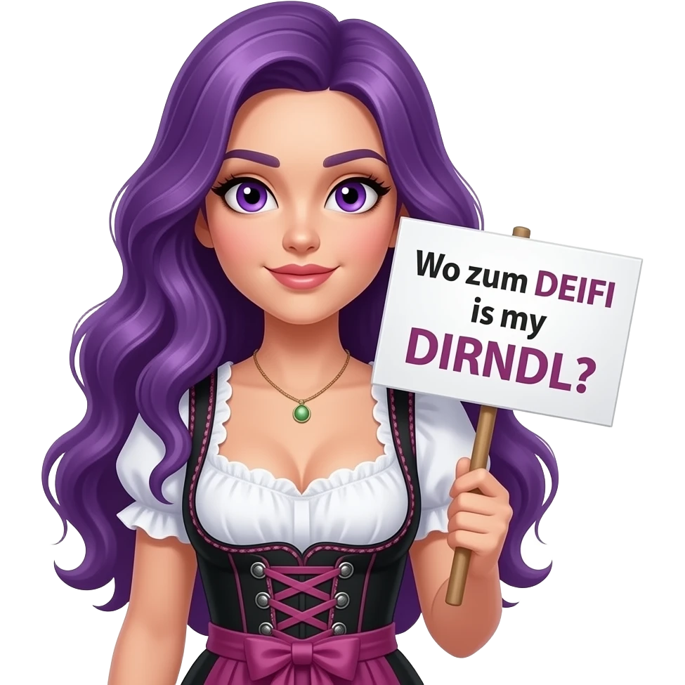 sexy girl with long purple hair and purple eyes wearing a dirndl holding a Wo zum DEIFI is my DIRNDL? sign emoji