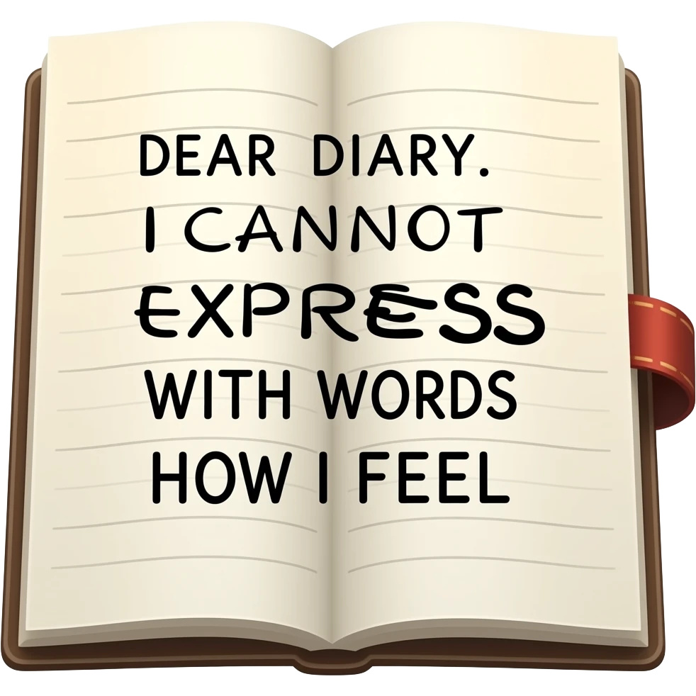 A diary with cursive writing in it: DEAR DIARY, I CANNOT EXRESS WITH WORDS HOW I FEEL emoji