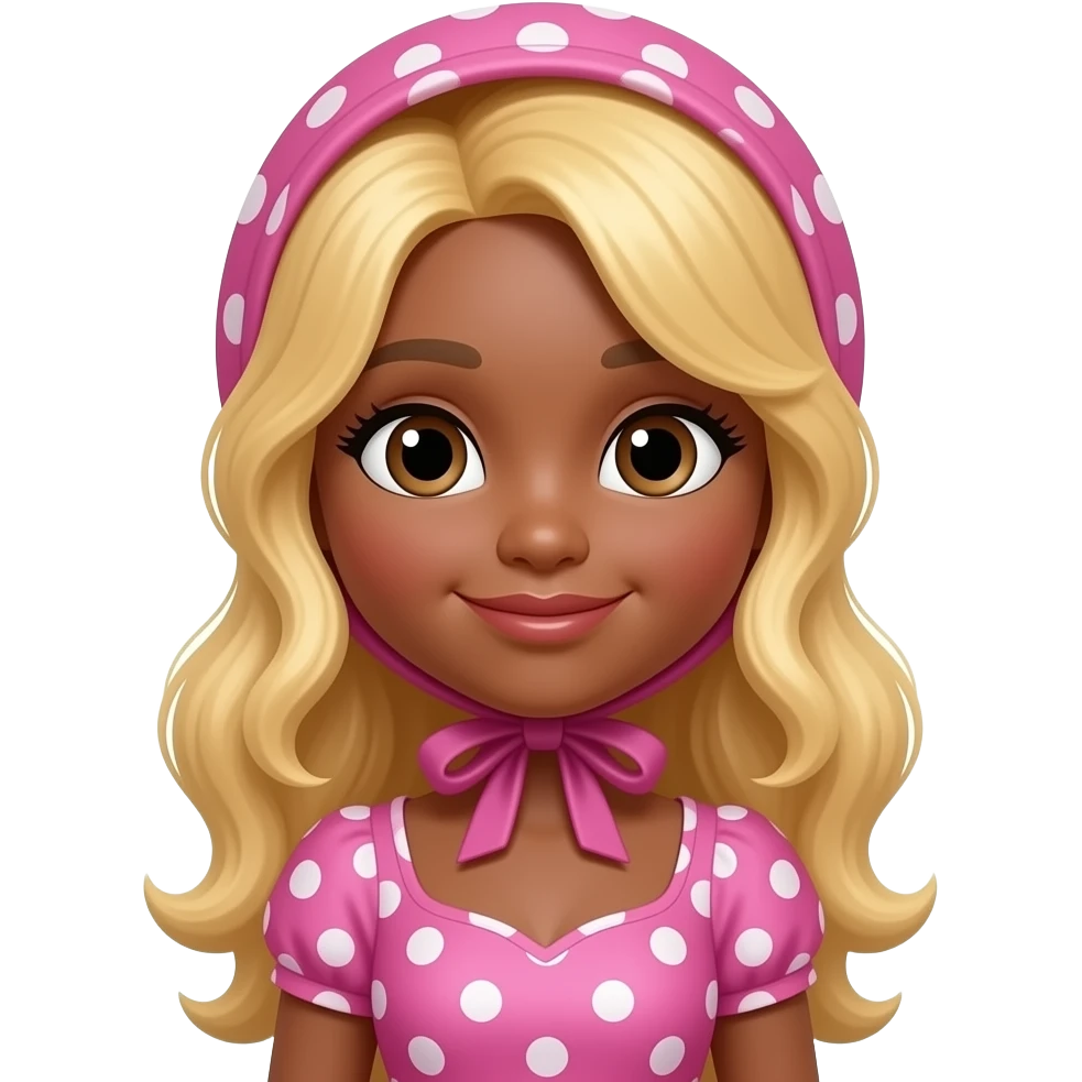 Bo peep hat  bonnet, Dark brown eyebrows,Bo peep girl, Dark brown skin, Doll shaped face, doll eyes, pink, wavy with side part longer blonde hair, sexy pink Bo peep dress with  white polka dots emoji