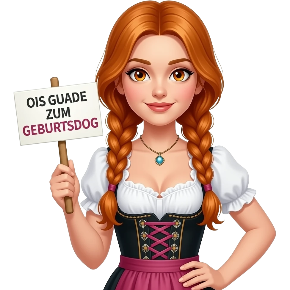 sexy girl with overlong ginger hair in braids and ginger eyes wearing a dirndl holding a OIS GUADE ZUM GEBURTSDOG sign emoji
