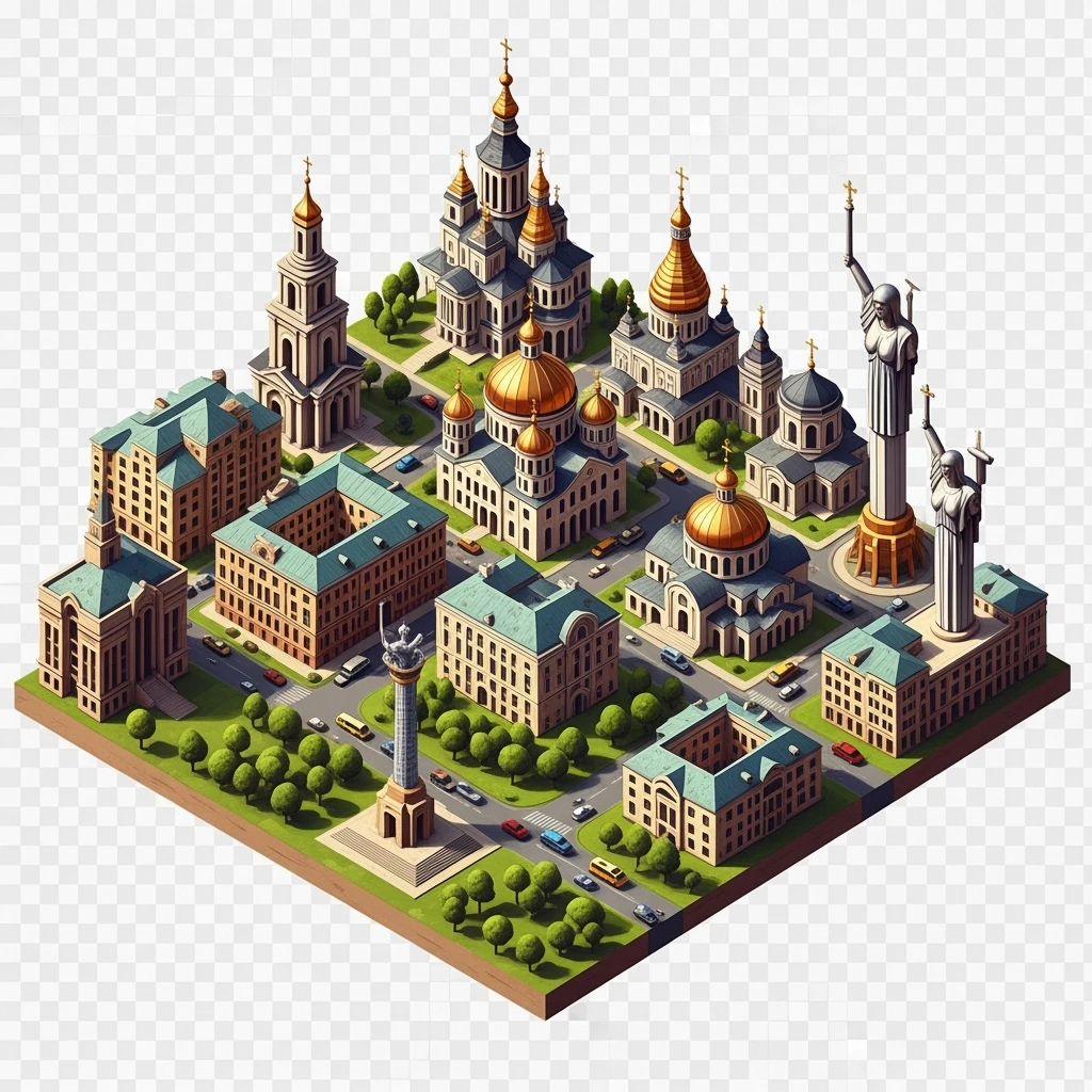 Isometric illustration of photorealistic Kyiv, balanced between paint stylized and realistic, 3D miniature effect, transparent background. emoji