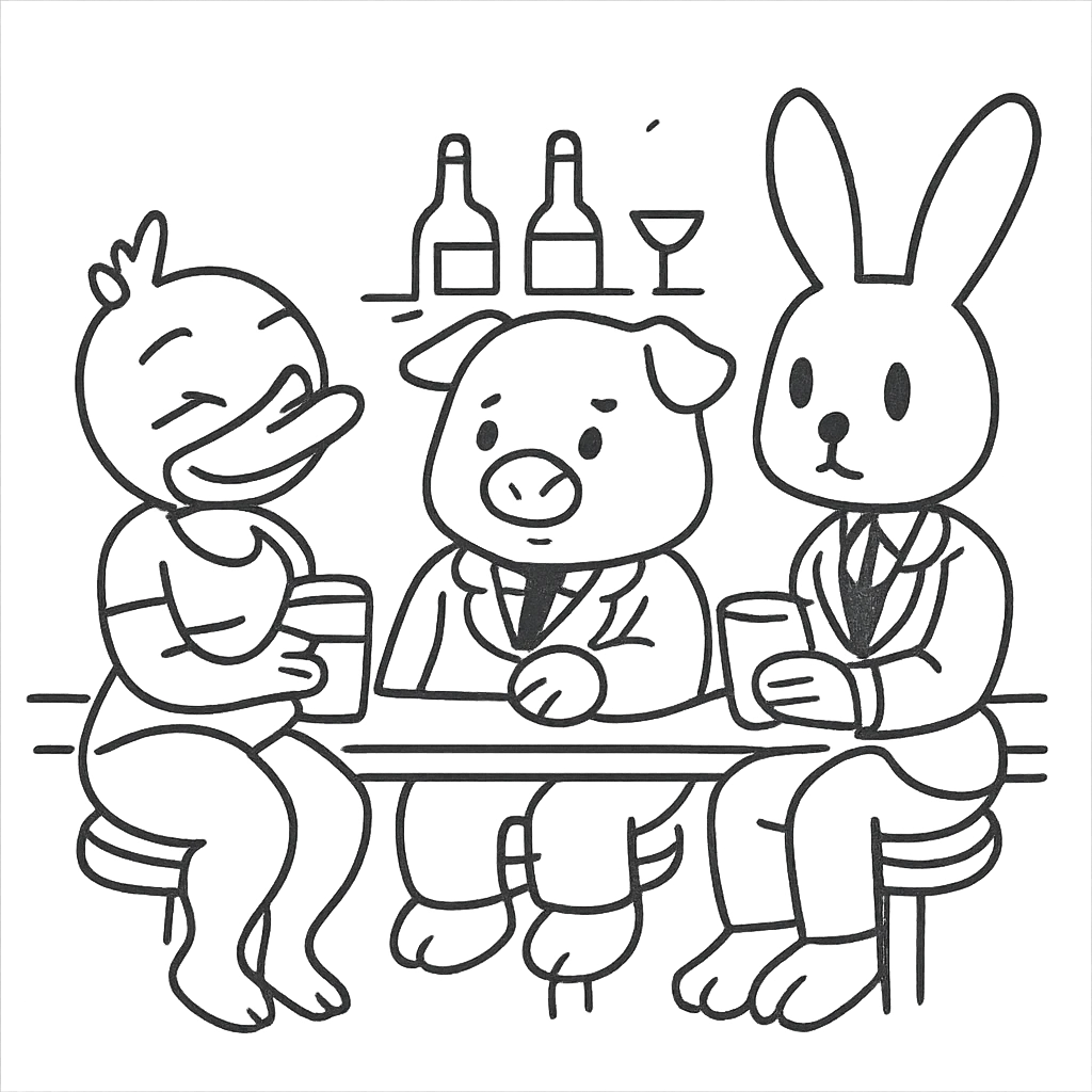 Replace the original characters with three new characters: a duck, a pig, and a rabbit in a cute bar scene. The style should be simple line art with no fill, ideal for children to color. The scene should be adorable and suitable for coloring. emoji