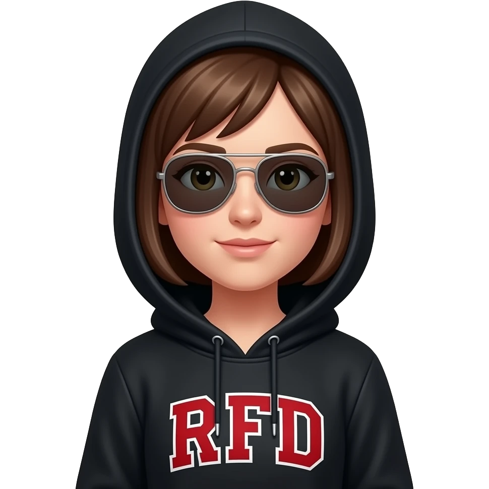 Straight face Girl in Black hoodie with red initials RFD wearing aviators emoji