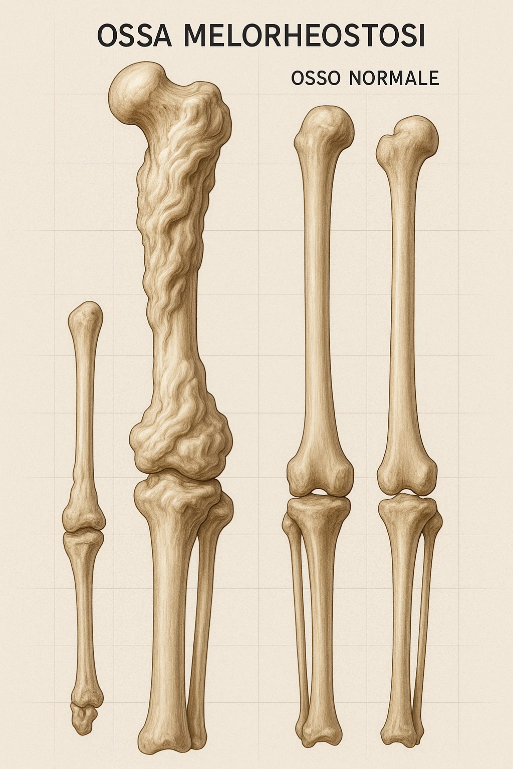 A highly realistic medical illustration focusing on a human arm and leg bones affected by melorheostosis. The bones appear visibly thickened, irregular, and larger than normal, with clear, layered bone growth resembling melted wax dripping down the side of the bones. The image shows a side-by-side comparison with a healthy bone for clarity, highlighting the difference in size and texture. The color palette includes neutral bone colors with subtle shading to show the abnormal contours and ridges. The background is clean and minimalistic, with faint anatomical grid lines for a scientific, educational feel. The overall mood is informative and precise, conveying the key visual characteristic of melorheostosis: progressive bone thickening that makes bones visibly larger and irregular. in italiano emoji