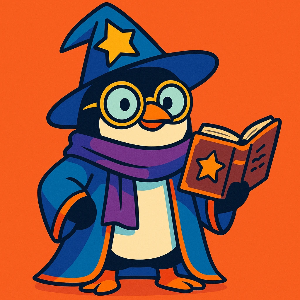 a wise penguin wizard with glasses, holding an ancient book, in a colorful and playful style emoji