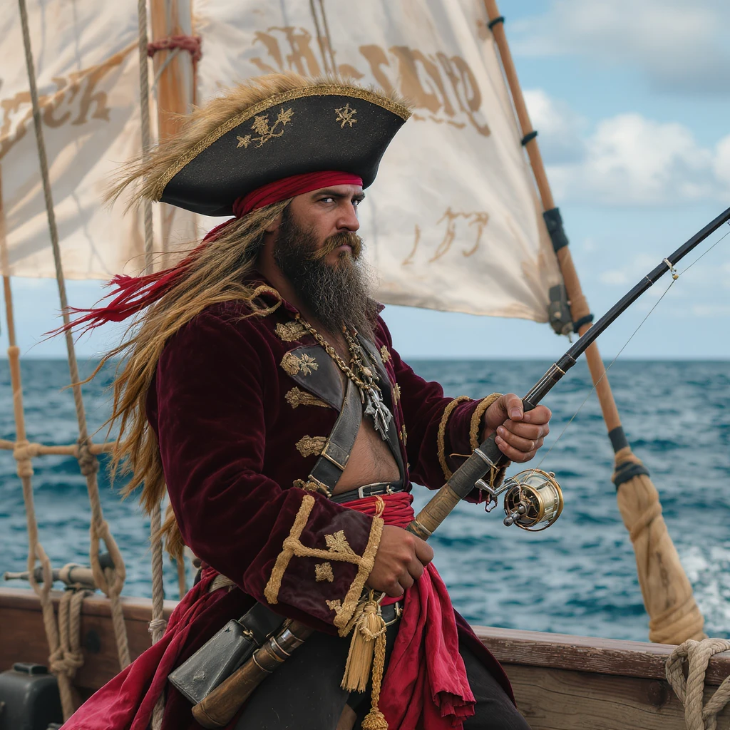 lifelike pirate captain fishing from a wooden boat, ocean background, realistic style emoji