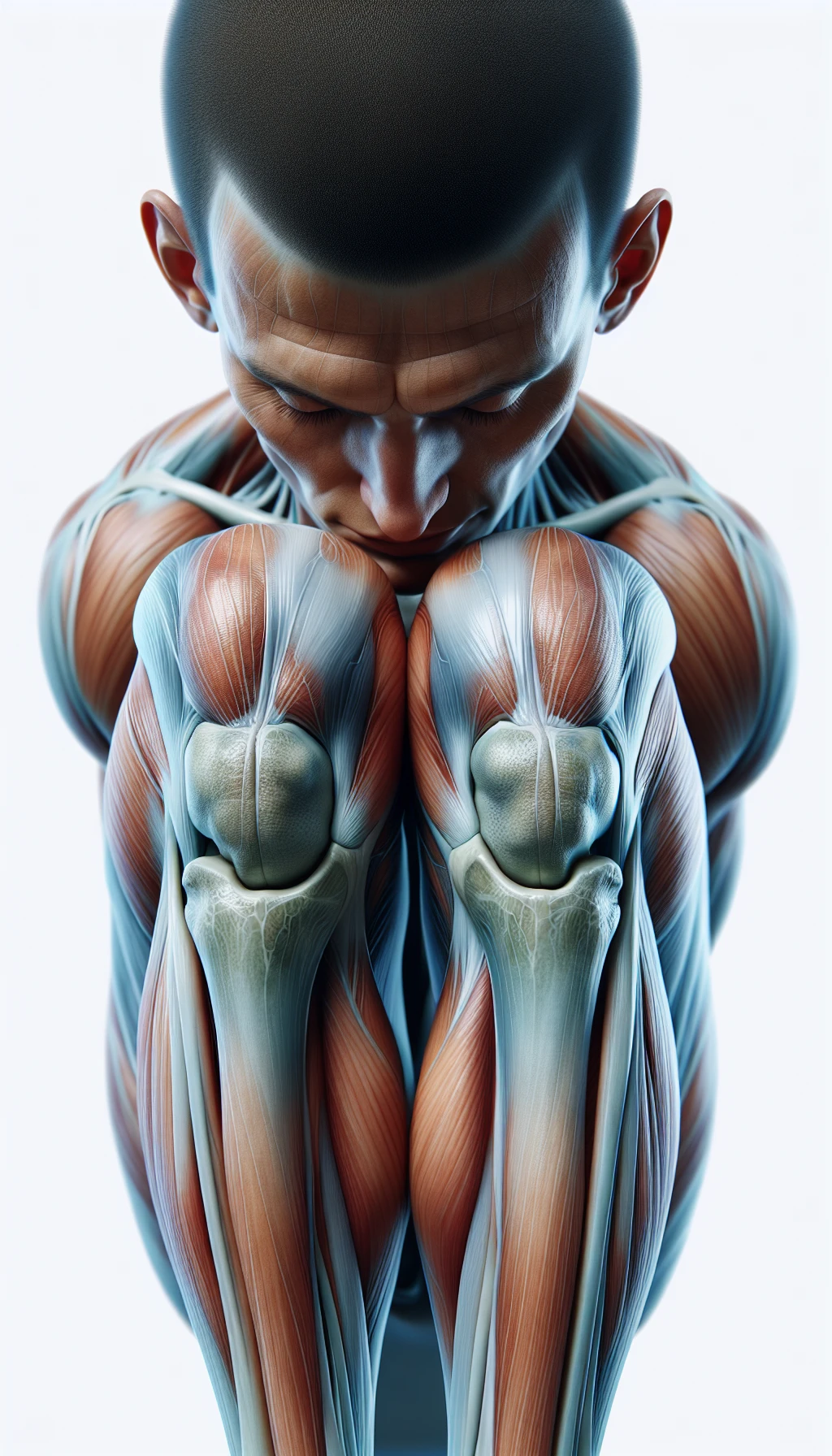 corpo umano anatomico a corpo intero con ginocchia visibili, con occhi chiusi sereno e in perfetta salute , isolato su sfondo bianco, iperrealistico 4k emoji