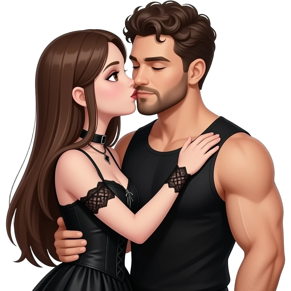 realistic sexy pale skin long straight brown hair girl brown eyes long face wearing gothic dress and gothic makeup HD and her muscular man short brown curly hair and beard hugging and kissing emoji