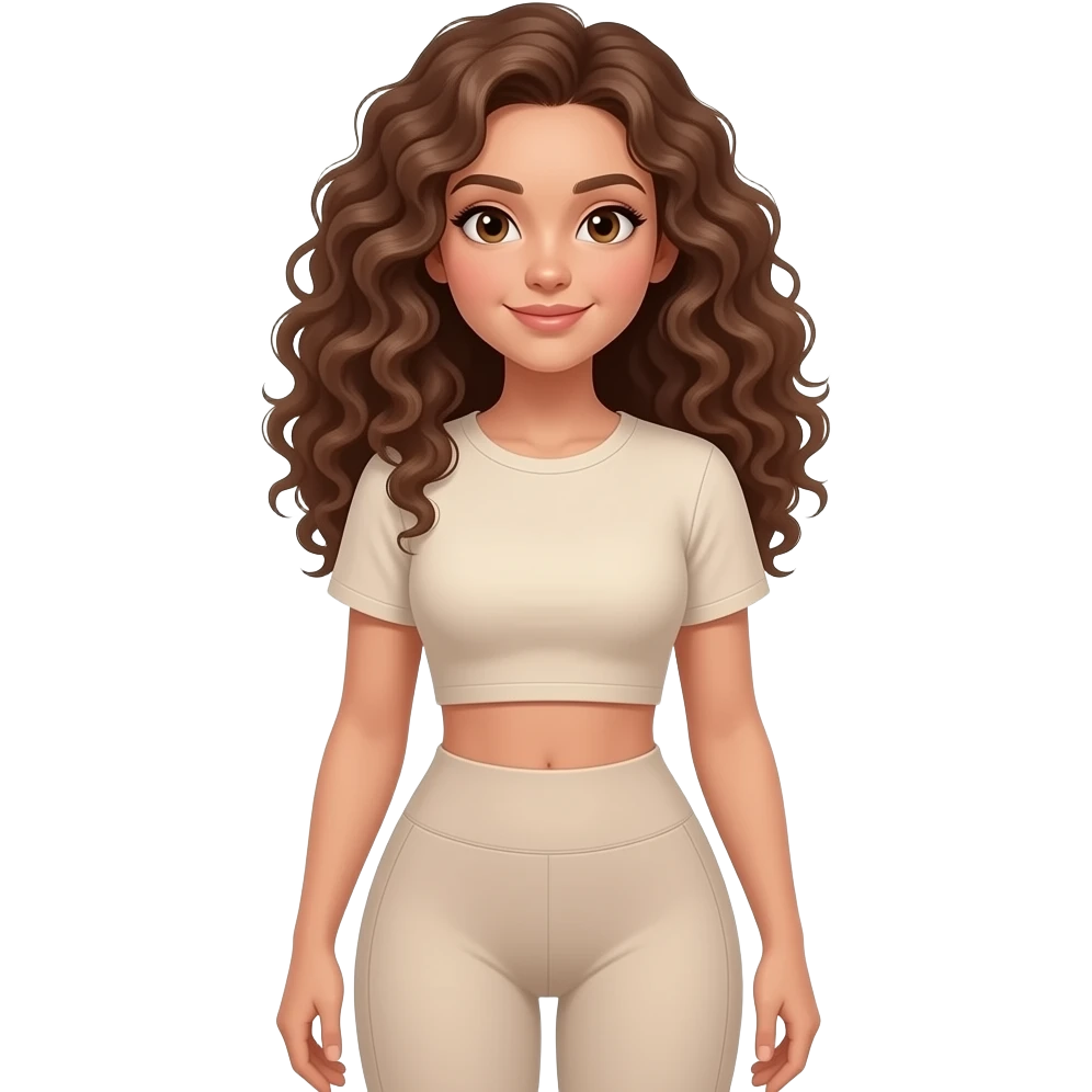 Create dream body girl with big glute and small waist and brown curly long hair with pastel beige gym clothes emoji with long T-shirt emoji