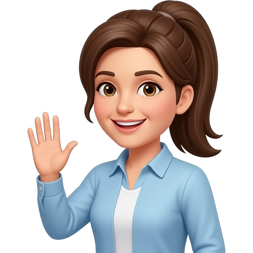 frau um die 50 mit langen braunen haaren mit pony  schmalem gesicht, grüßend emoji