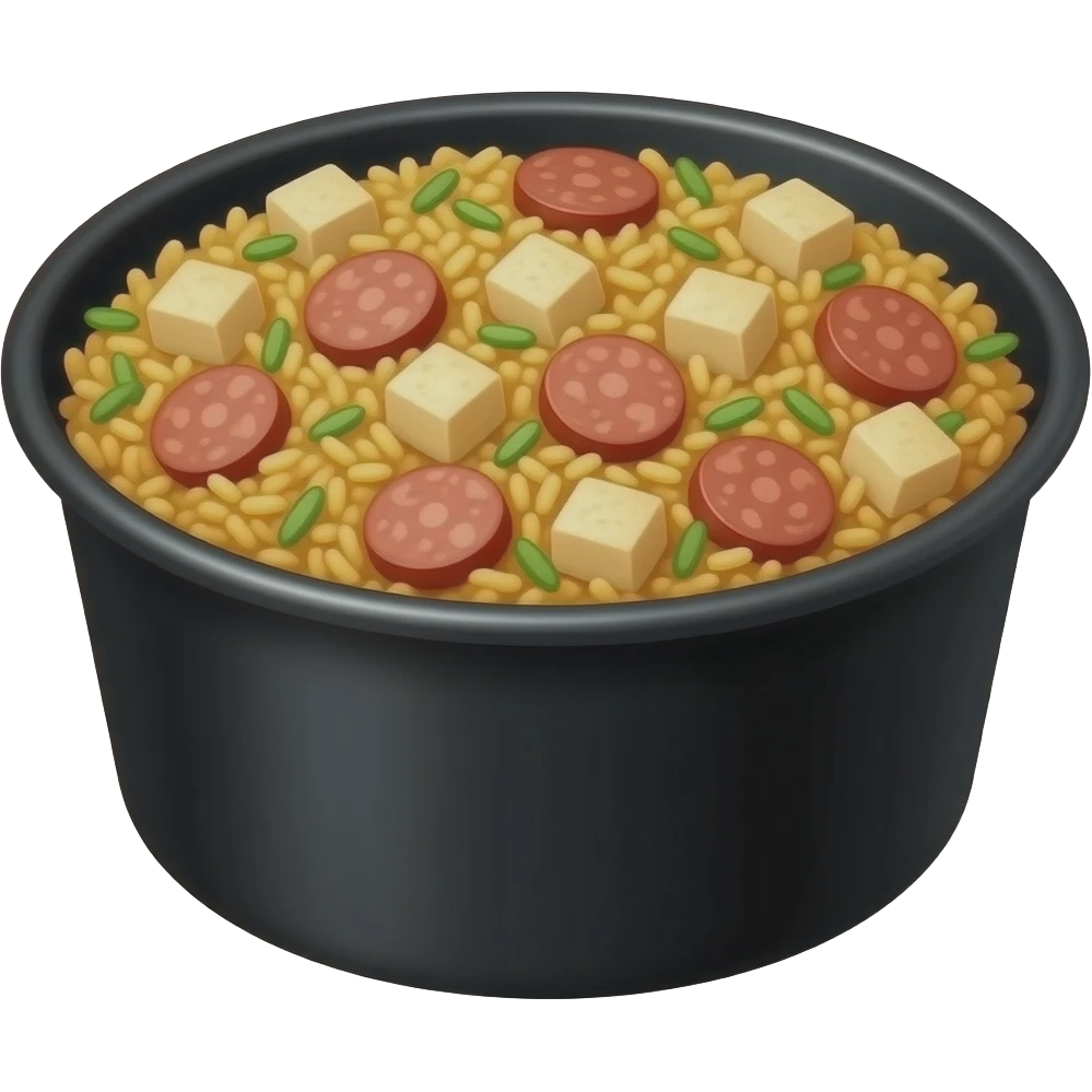 Rice bowl in a round plastic black box. It has fried rice topped with chicken cubes,sausage slices emoji