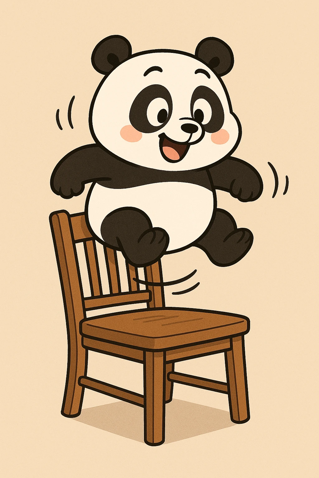 cartoon style panda bouncing on a dining chair to test its strength, simple background, fun and lighthearted emoji