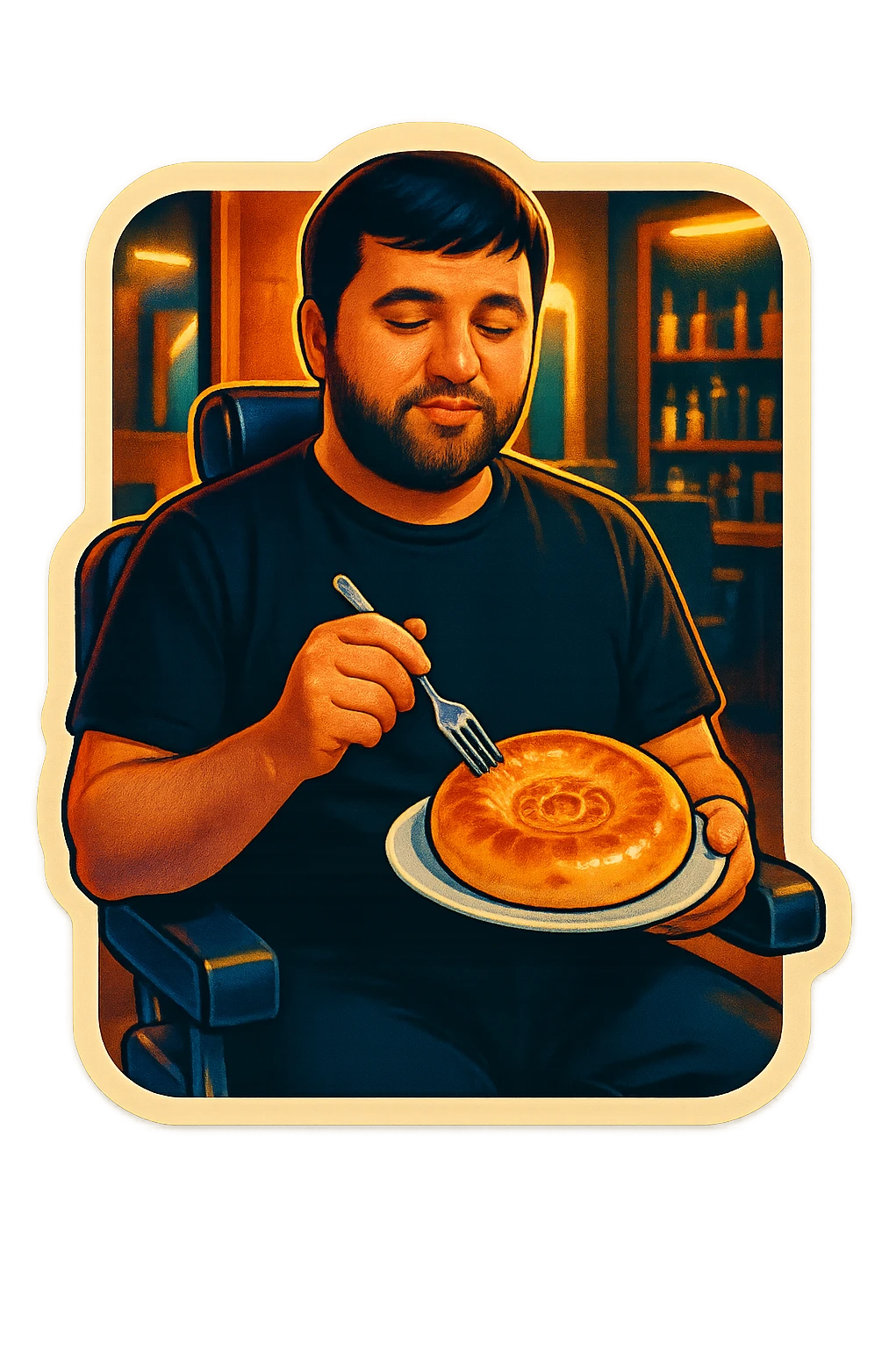 "A man wearing a black shirt is sitting calmly in a modern barbershop chair, inside a stylish barbershop with wooden and black interior. The man is holding a white plate with a traditional Uzbek round bread (non) on it, and a fork in his other hand. The atmosphere is warm and softly lit, with mirrors and hair products visible in the background. The scene feels relaxed, cozy, and humorous due to the unusual setting of eating bread in a barbershop. emoji