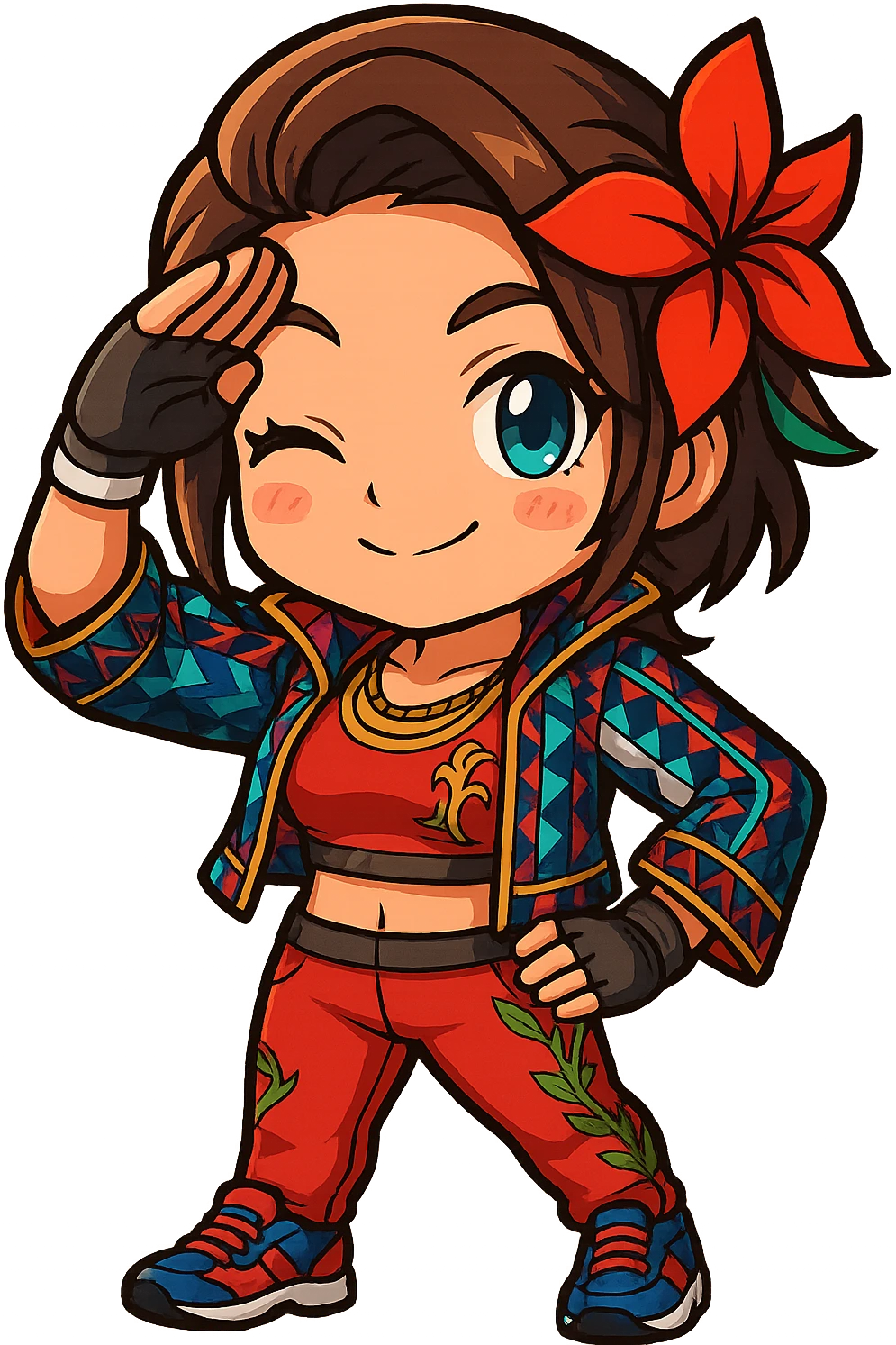 Azucena from Tekken 8 in chibi sticker style, giving a salute, wearing the detailed red and patterned outfit from the reference images, designed for Twitch emote use. emoji