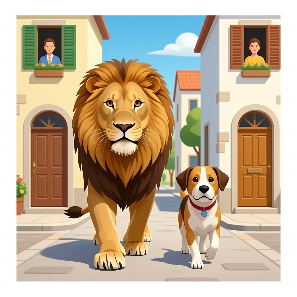 quiero que en un pueblo este un leon y un perro andando porel pueblo y que las persoans esten en las casas con madera en la puerta como en las peliculas de zombies emoji