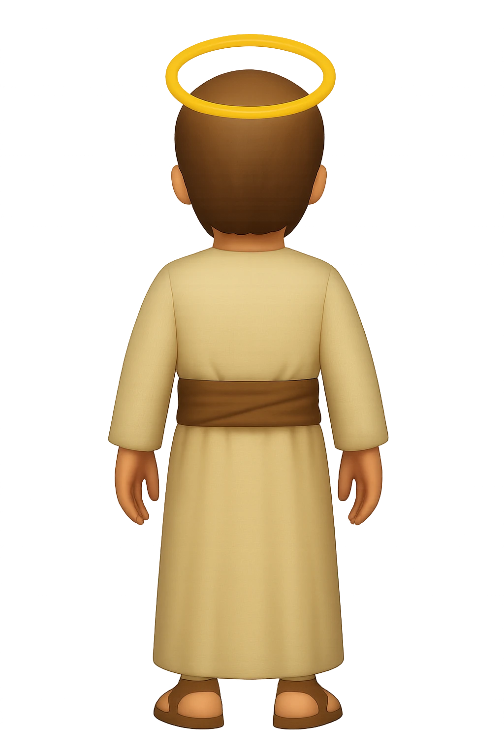 Back view, centered full body, facing away, classic emoji style of apostle Peter with short hair, no hood, arms down by sides, smiling, expressive face, halo, wearing long sleeve robe with brown sash, no background. emoji